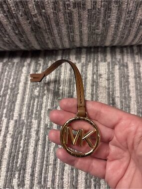 Michael Kors Brown Leather MK Logo Keychain with Gold-Tone Ring